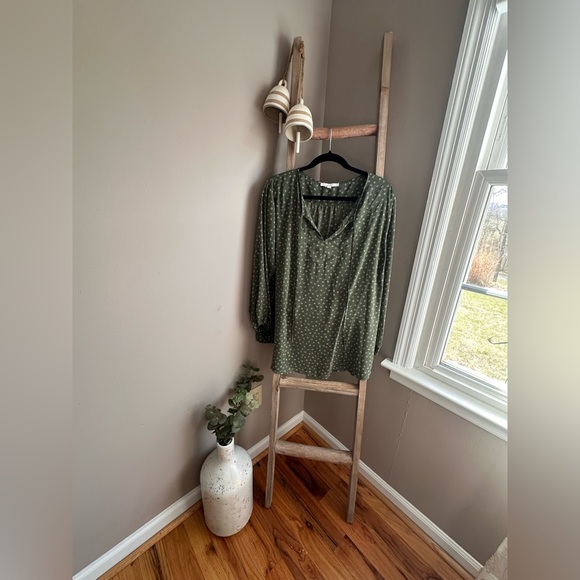 fun 2 fun Tops - fun 2 fun Olive Green Dot V-Neck Blouse